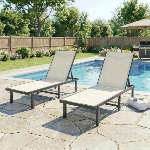 Conjunto de 2 Tumbonas Reclinables con Ruedas Respaldo Ajustable 4 Niveles Estructura de Aluminio Tela Textilene Beige [0]