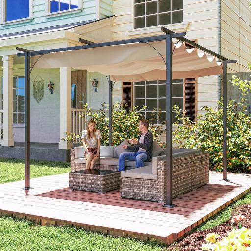 Pérgola de Jardín 3x3m Gazebo Cenador para Exterior con Techo Retráctil Tela Poliéster Impermeable y Anti-UV para Patio Terraza Beige [5]