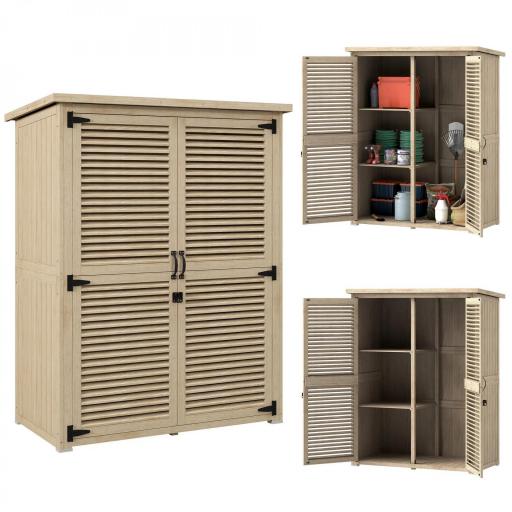 Armario de Jardín 0,83 m² 127x65x168 cm con 2 Puertas de Persiana 2 Estantes 2 Asas y Techo Impermeable Natural [8]
