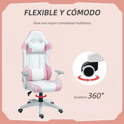 Silla Gamer con Cojín Lumbar Reposabrazos Ajustable Reposacabezas Extraíble y Altura Ajustable 67x60x120-128 cm Rosa [4]