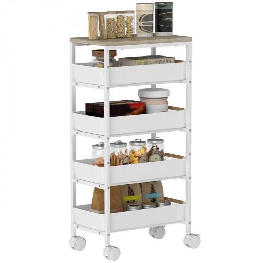 Carro de Cocina de 5 Niveles Carrito Auxiliar con Ruedas Tablero Efecto Madera Cajones Extraíbles 39,5x24x82 cm Blanco [9]