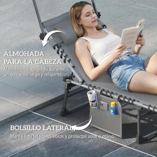 Set de 2 Tumbonas Plegables con Reposacabezas Parasol Bolsillo Lateral y Respaldo Reclinable en 5 Posiciones Gris [6]