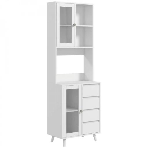 Alacena de Cocina Aparador con 2 Puertas de Vidrio Compartimentos 4 Cajones y Estantes Ajustables 60x35x180 cm Blanco [9]
