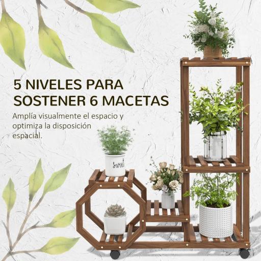 Soporte para Plantas con Ruedas Soporte para Macetas de 5 Niveles de Madera Uso Interno Externo 86x30x102 cm Carbonizado [2]