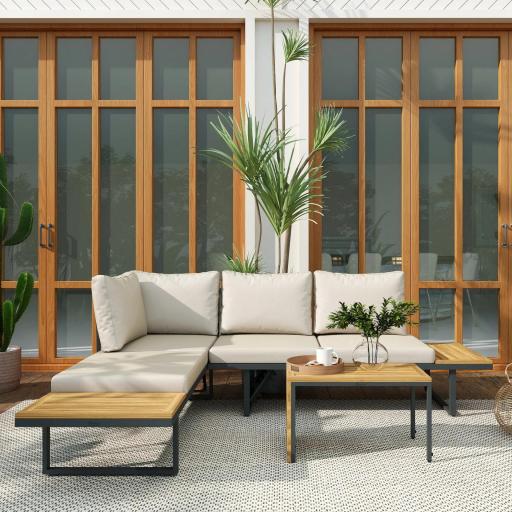 Conjunto de Sofás de Exterior Modular de Acero y Madera de Acacia con Mesa Auxiliar y Cojines Extraíbles
