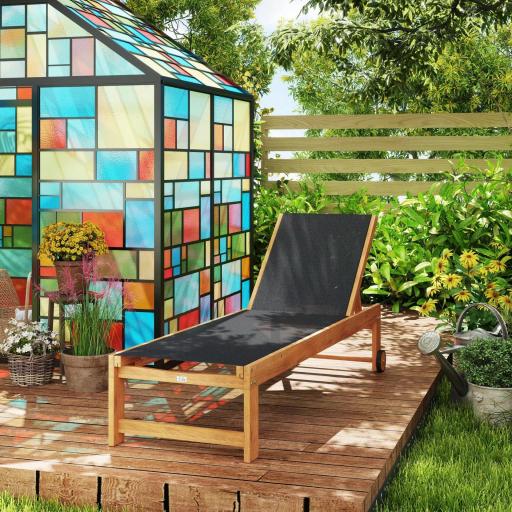 Tumbona de Jardín con Respaldo Ajustable Ruedas Integradas y Estructura de Madera de Acacia Capacidad de 160 kg Negro [7]