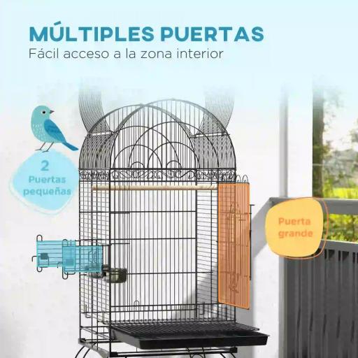 Jaula de Pájaros con Ruedas Jaula de Aves Exterior con Bandeja Extraíble Rejilla 2 Cuencos Percha 51x51x153 cm Negro [2]