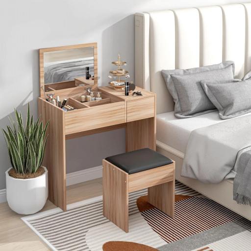 Tocador Compacto con Espejo Abatible y Cajones y Taburete Estilo Minimalista Escritorio Pequeño 80x40x79cm Madera Natural [5]