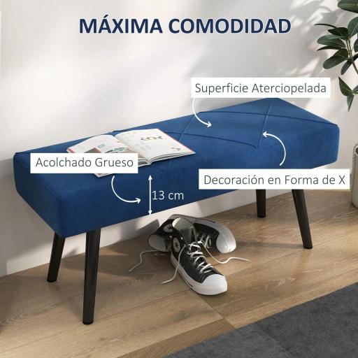 Taburete Pie de Cama Multifuncional con Pies de Acero y Asiento Acolchado para Entrada Pasillo 100x36x45 cm Azul Oscuro [2]