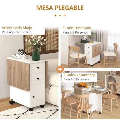 Mesa Plegable de Comedor con Ruedas Alas Abatibles 2 Cajones y Armario Hasta 6 Personas 120x60x76,5 cm Blanco y Natural [2]
