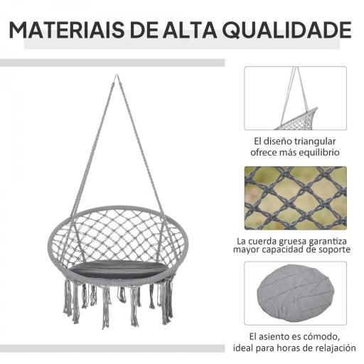 Silla Colgante Redondo de Ø60 cm Silla Hamaca Columpio con Cojín y Cuerda de Algodón para Interior y Exterior Carga 120 kg 80x80x42 cm Gris [6]