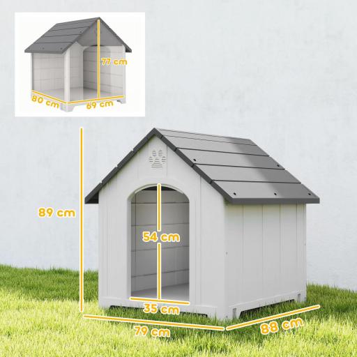 Caseta para Perros Exterior Casa para Perros Grandes de Plástico con 2 Ventanas Base Elevada Estacas Gris [1]
