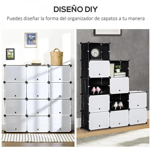 Armario Modular de Plástico Armario Portátil con 12 Cubos Organizador de Zapatos 125x32x125 cm Negro y Blanco [5]