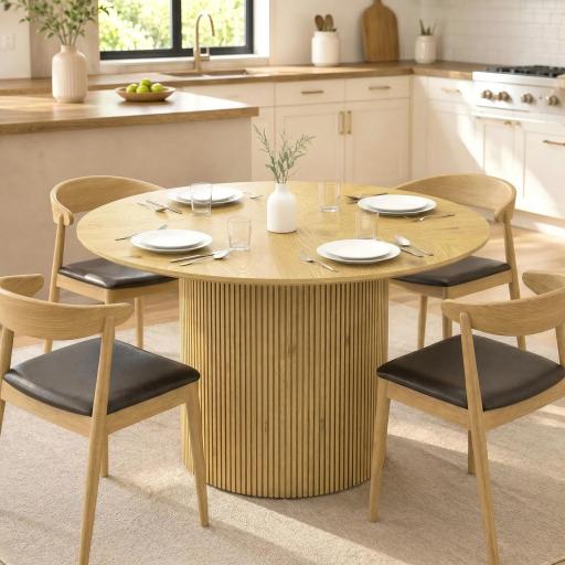 Mesa de Comedor Redonda Moderna para 4-6 Personas Mesa de Cocina de 110 cm con Base Cilíndrica Acanalada Roble [2]