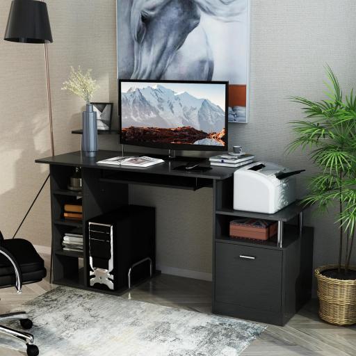 Mesa de Escritorio con 6 Estantes Cajón Bandeja de Teclado y Soportes para Monitor Impresora 152x60x88 cm Negro [5]