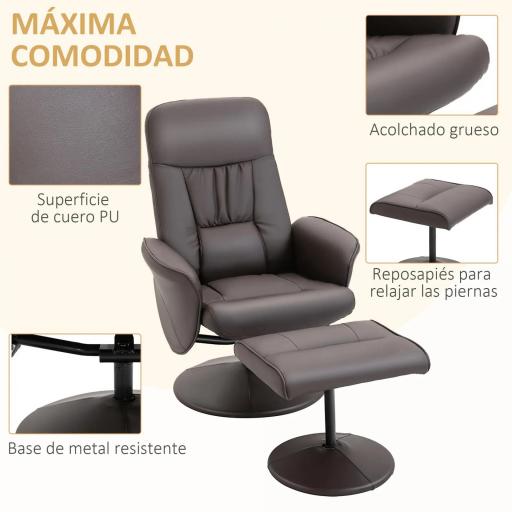 Sillón de Relax con Reposapiés Respaldo Reclinable hasta 145° para Salón Dormitorio Oficina 76x81x101 cm Marrón [5]