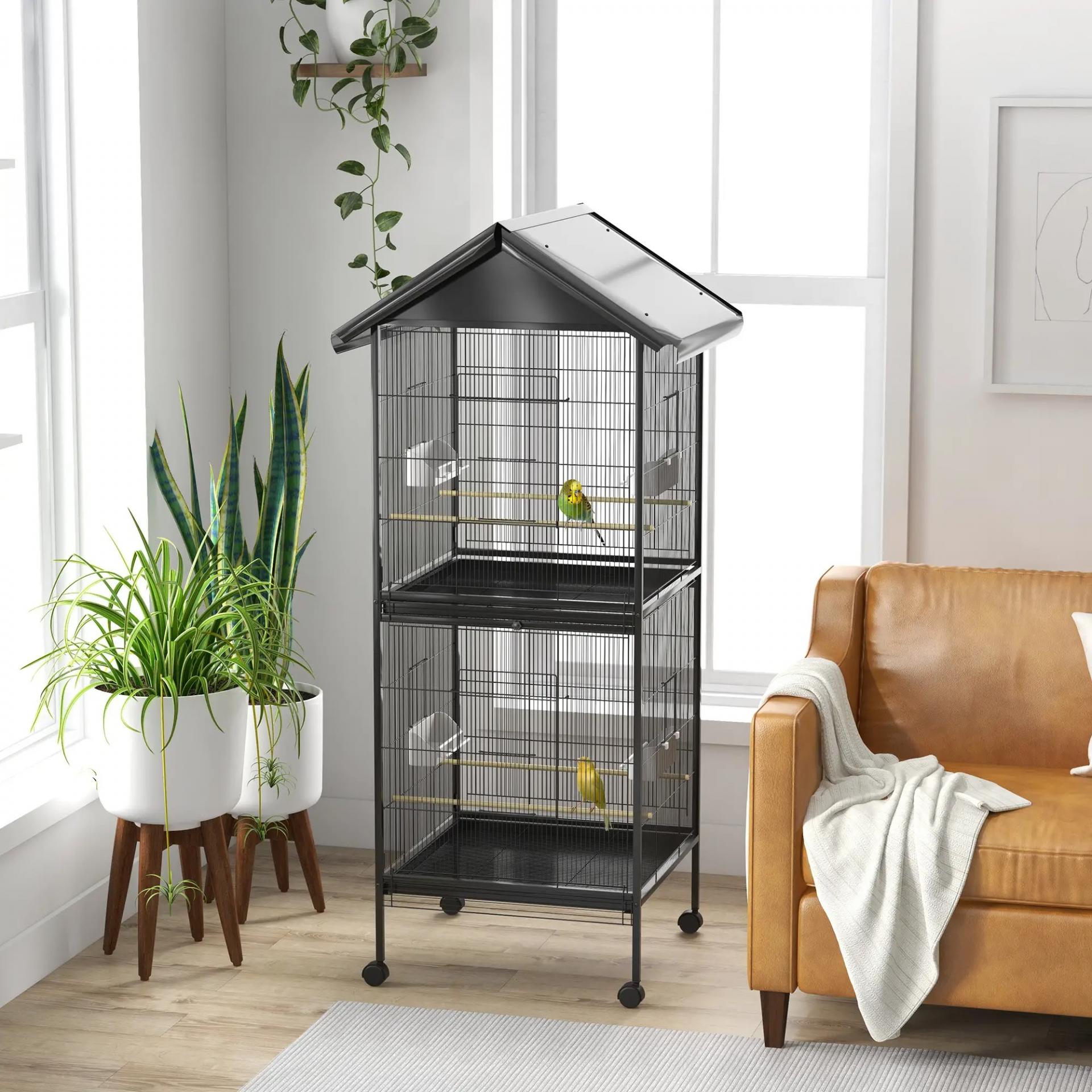 Jaula para Pájaros Grande de 2 Pisos Convertible en Sola Jaula con Ruedas Comederos 4 Perchas 78x75x168 cm Negro