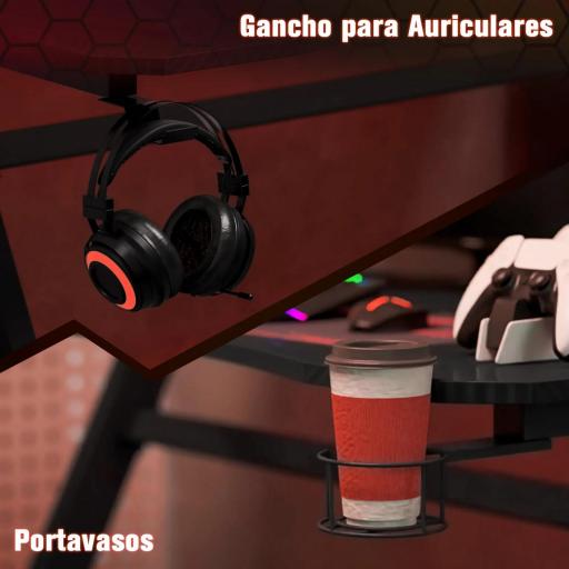 Mesa Gaming 120x65x74,5 cm Escritorio Ergonómico Gaming desk para Computadora PC con Portavasos Gancho para Auriculares y Pies Ajustables Efecto de Fibra de Carbono Negro [3]
