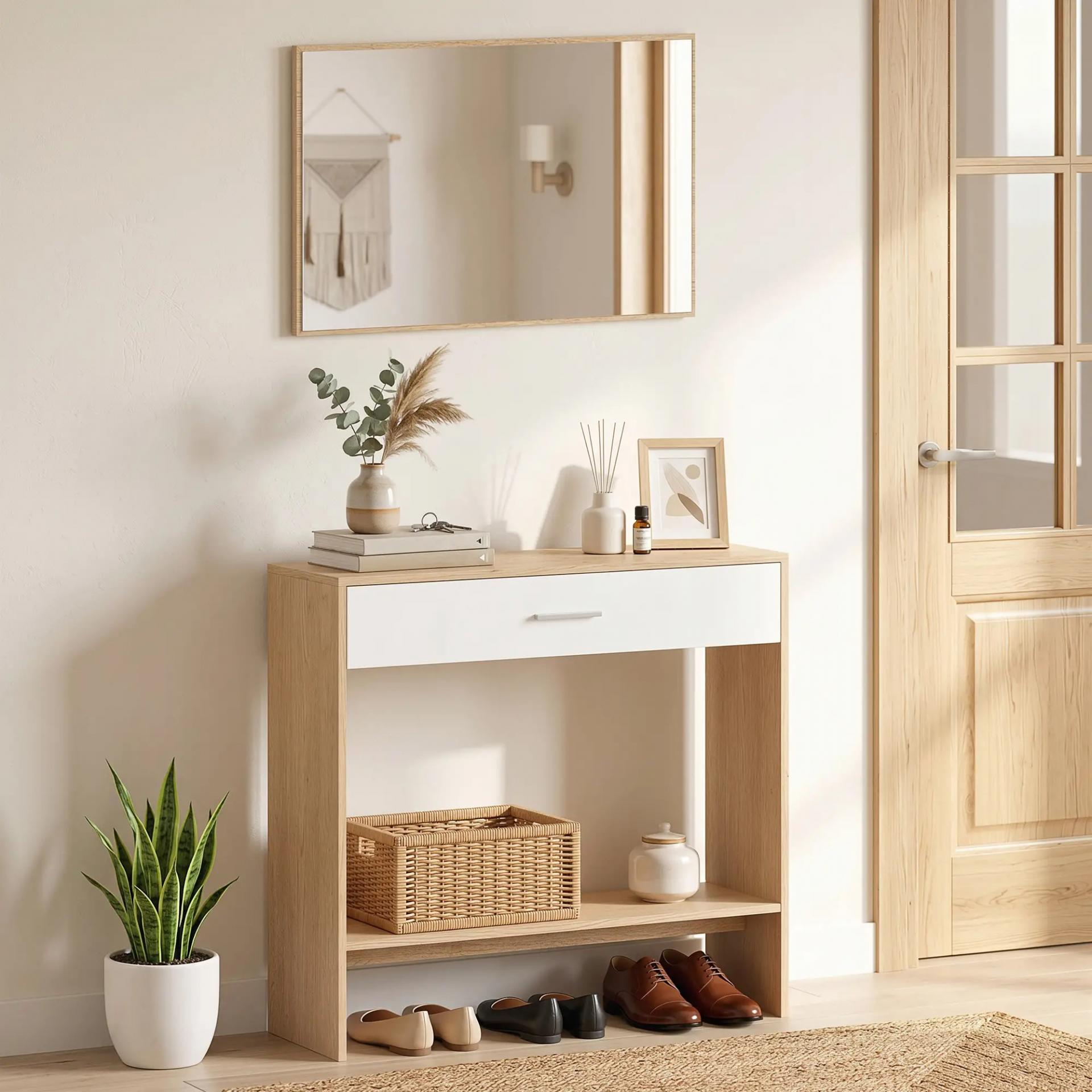 Recibidor de Entrada con Espejo Cajón y Estante Mueble de Recibidor para Pasillo 91,5x27,9x85,5 cm Roble