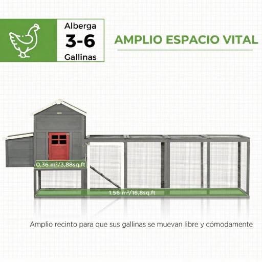 Gallinero para Exterior Grande de Madera 300x66x116 cm con Nido Corral Bandeja Extraíble Techo Asfáltico Rampa Gris [5]