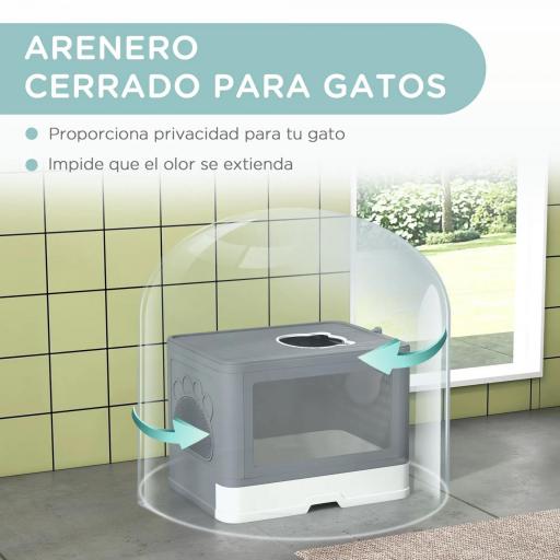 Arenero para Gatos Cubierto con Pala Cepillo 2 Puertas Entrada Principal y Salida Superior 48,5x38x36,5 cm Gris [4]