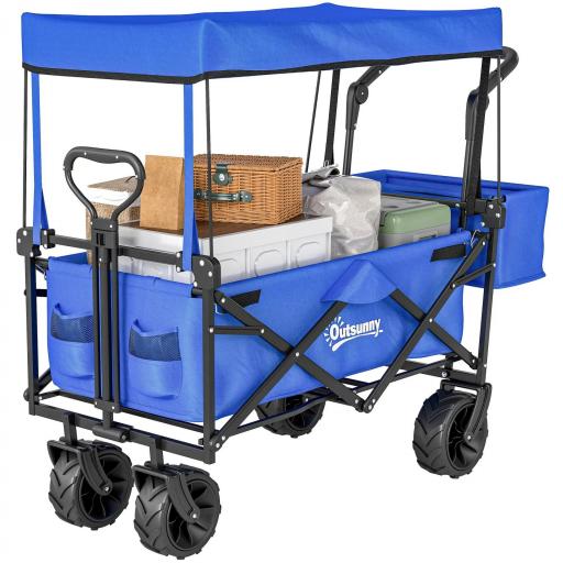 Carro de Transporte Plegable con Toldo y Asa Telescópica Carga Máx. 68 kg para Playa Camping 117x55x98cm Azul [7]
