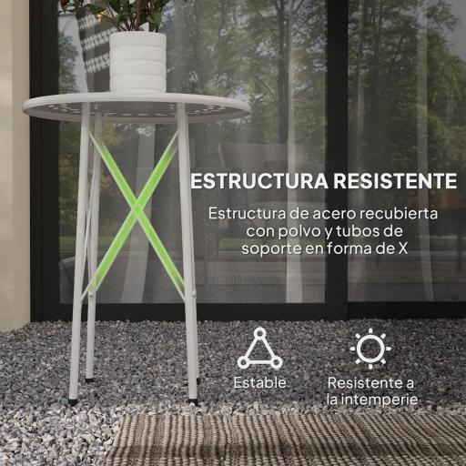 Mesa de Jardín Redonda de Acero con Diseño de Flores y Hojas Patas Ajustables y Estructura en Forma de X Ø40x50cm Blanco [3]