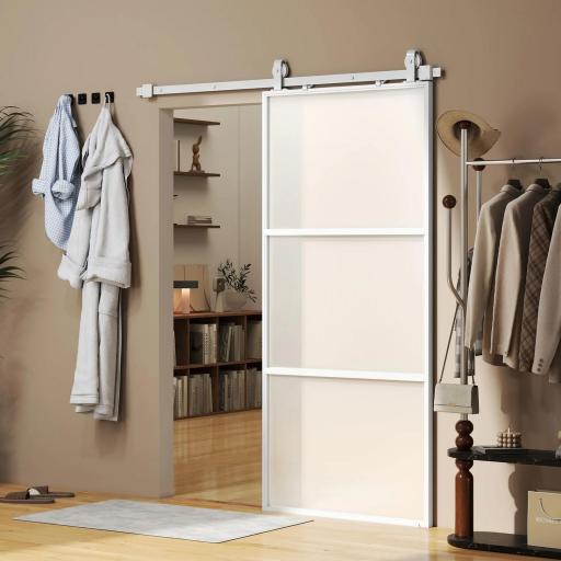 Puerta Corredera de Cristal con Herrajes Mecanismo Cierre Suave para Baño Salón 91,4x203,2 cm Blanco [8]