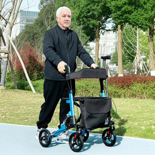 Andador para Ancianos Plegable de Aluminio con Asiento 4 Ruedas Altura Ajustable Frenos de Maneta Azul y Negro
