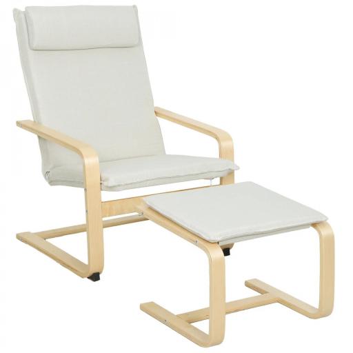 Sillón con Reposapiés Sillón Lectura con Respaldo Alto Reposacabezas Extraíble Patas de Madera y Tapizado en Lino Crema [8]