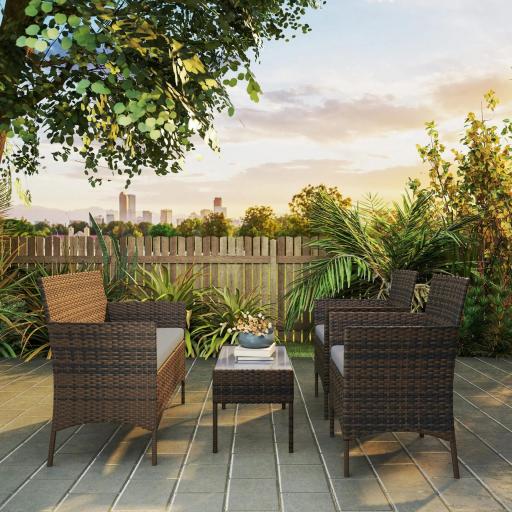 Conjunto Muebles Jardín de Ratán Sintético con Sofá Sillones y Mesa de Vidrio Templado y Cojines Marrón y Gris [7]