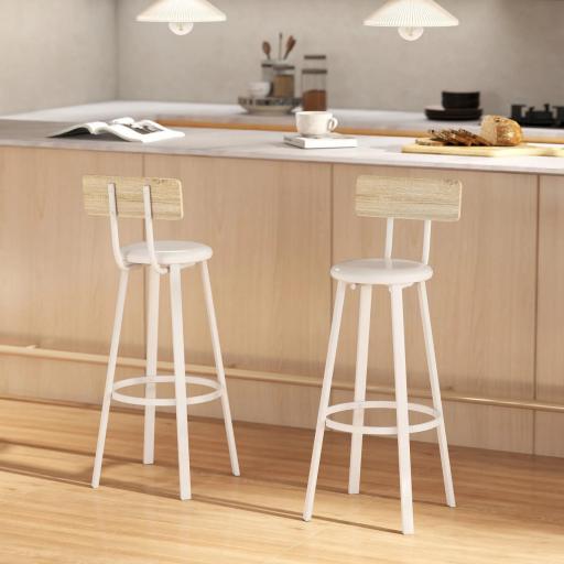 Juego de 2 Taburetes Altos de Cocina con Respaldo y Reposapiés Tapizados de PU Asiento de 75,5 cm Natural y Blanco [6]