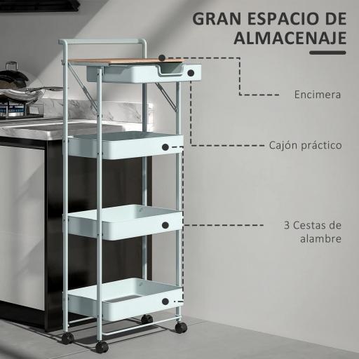 Carrito Auxiliar con Ruedas de 4 Niveles con Cajón Encimera y Cestas de Rejilla para Dormitorio Baño Cocina Verde Claro [2]