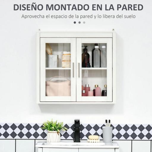 Armario de Baño de Pared con Puertas de Vidrio y Estante Ajustable Mueble Colgante Moderno 60x19,5x54 cm Blanco [2]