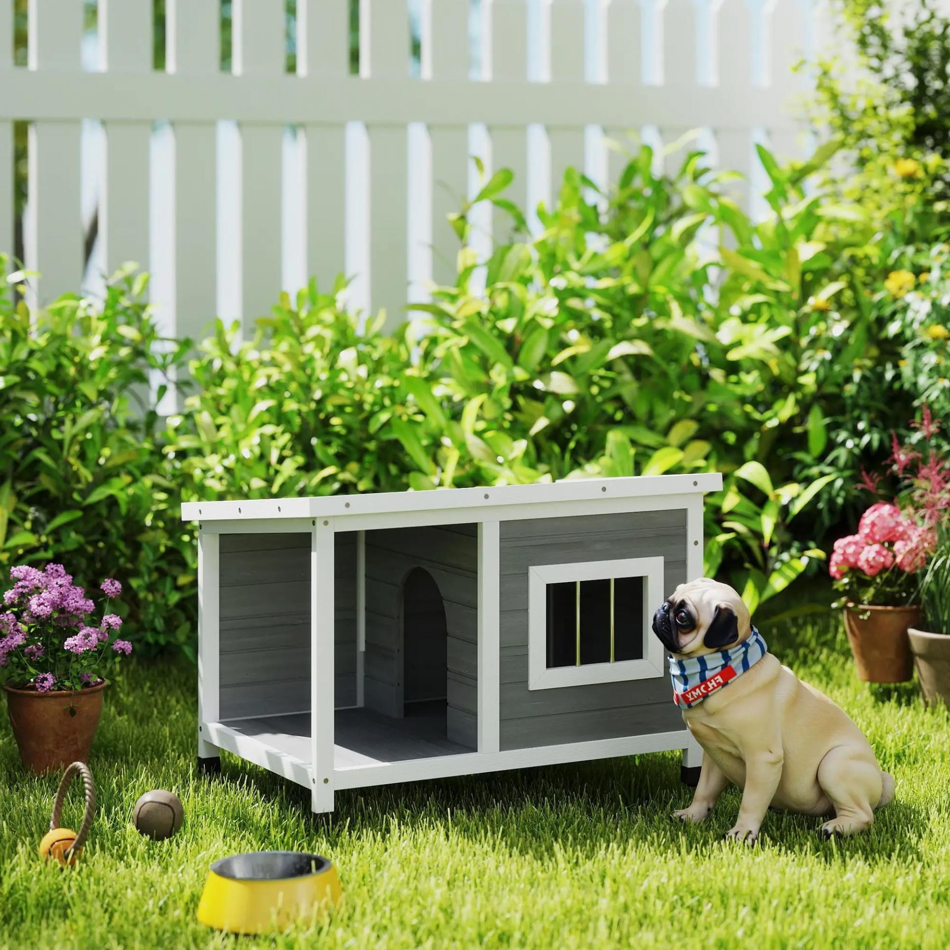 Casa para Perros de Madera 85,5x62x60 cm con Techo Asfáltico Abatible Puerta y Ventana para Perros Pequeños Gris
