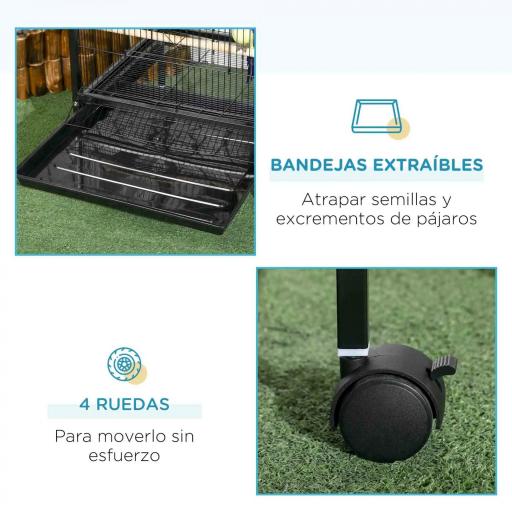 Jaula para Pájaros de 2 Niveles con Ruedas Bandejas Extraíbles Puertas Comederos Perchas 51,5x50x140 cm Negro [4]