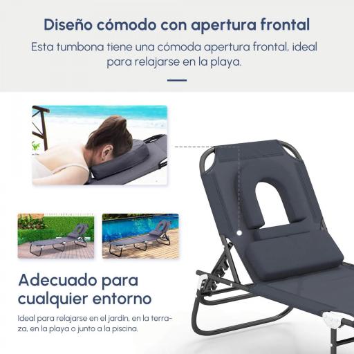 Tumbona Plegable con Respaldo Regulable en 4 Posiciones Tumbona de Jardín con Almohada Marco de Acero y Tela Oxford para Camping Playa Terraza Carga 120 kg 190x56x28 cm Gris [6]