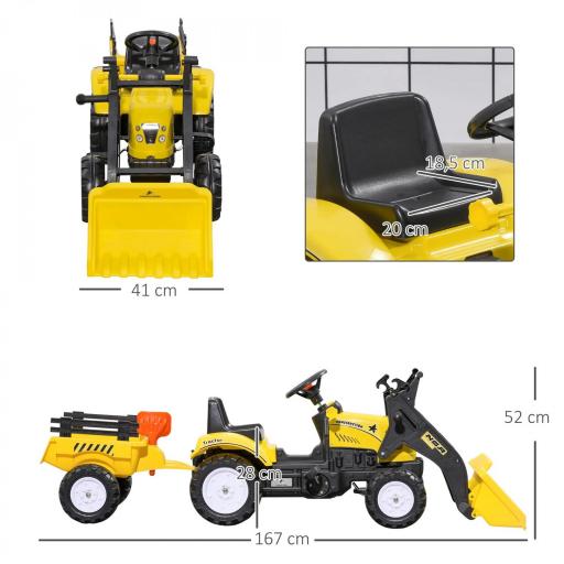 Tractor a Pedales para Niños de 3 Años Excavadora Infantil con Remolque Extraíble y Pala Delantera 167x41x52 cm Amarillo [3]