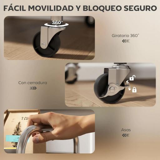 Carrito Auxiliar con Ruedas de Acero Inoxidable Carro de Servicio de 3 Niveles con Estante Ajustable 60x35x77 cm Plata [6]