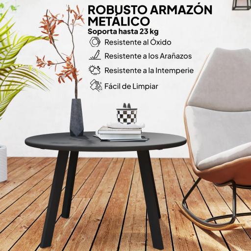 Mesa de Centro Redonda de Metal con Patas Antideslizantes y Borde Seguro para Patio Balcón Salón Ø70x42 cm Negro [4]