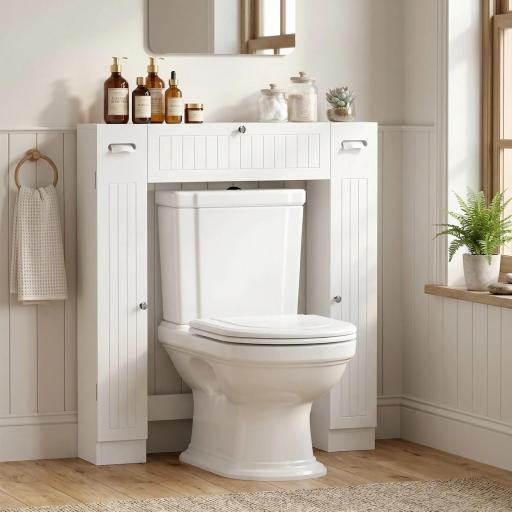 Mueble sobre Inodoro con 2 Armarios Cajón Abatible Portapapeles y Estantes Ajustables 88x18x98 cm Blanco [2]
