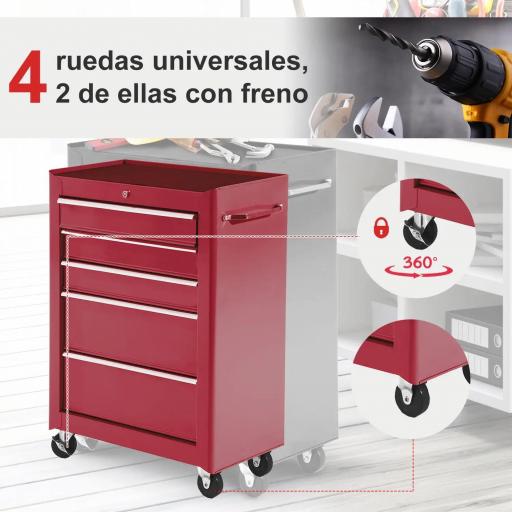 Carro de Herramientas para Taller con Ruedas 5 Cajones Armario con Cierre y Asa Lateral 61,5x33x82,5 cm Rojo [4]