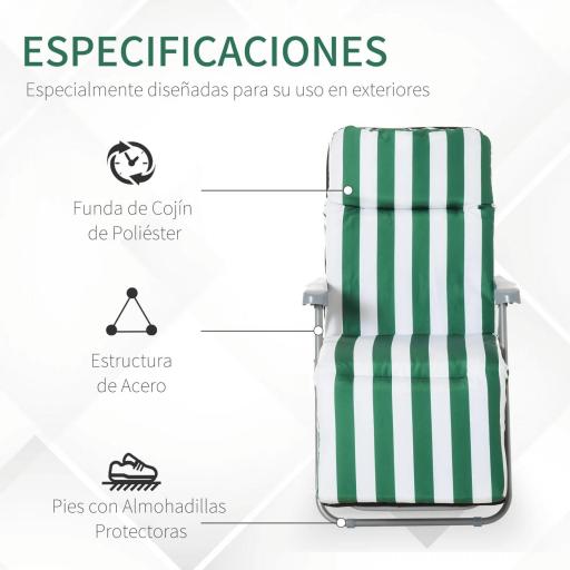  2 Tumbonas de Jardín de Acero con Cojín Acolchado Respaldo Ajustable y Reposapiés 60x75x66-102 cm Rayas Verde [5]