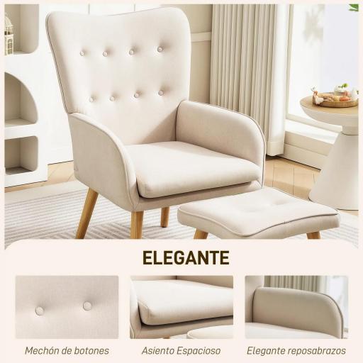 Sillón con Reposapiés Sillón Lectura con Respaldo Alto Capitoné Patas de Madera y Tapizado en Lino Beige [5]