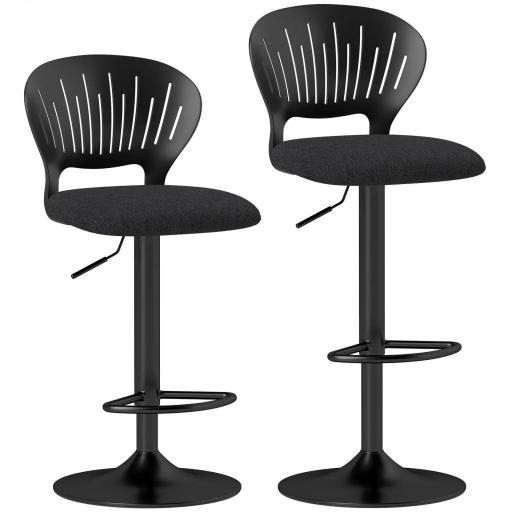 Juego de 2 Taburetes de Bar Giratorios en 360° Regulables en Altura de 84-105 cm Respaldo Hueco Reposapiés Negro [10]