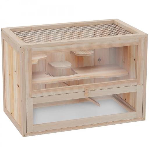 Jaula para Hámster de Madera de 2 Niveles Casa para Animales Pequeños con Plataformas Escaleras 60x35x42 cm Madera Natural [9]