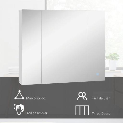 Armario de Baño con Espejo Luces LED Estantes Ajustables y USB Estilo Moderno 90x15x75 cm Blanco [3]