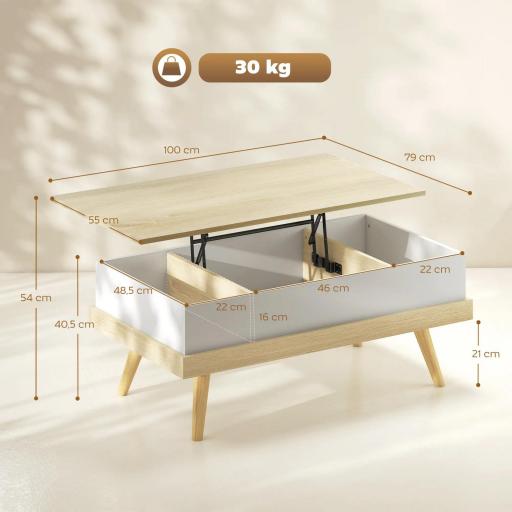 Mesa de Centro Elevable con 3 Compartimientos de Almacenaje Ocultos y Patas de Madera 100x79x54 cm Natural y Blanco [1]