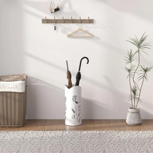 Paragüero de Acero con 4 Ganchos y Bandeja de Goteo Extraíble y Diseño Decorativo 17x17x41 cm Blanco [7]