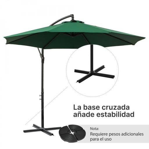 Sombrilla de Jardín Ø300x250 cm Parasol Excéntrico Inclinable con Manivela Base Cruzada y Soporte de Acero Verde [6]